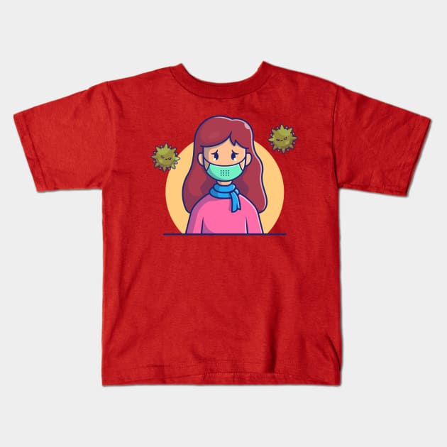 Cute Girl Wear Mask Cartoon Kids T-Shirt by Catalyst Labs